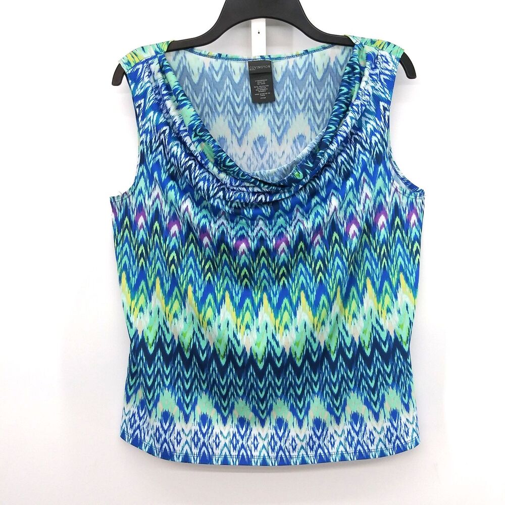 Covington Blouse Women Size LP Blue Argyle Sleeveless Wide Strap Cowl Neck Top